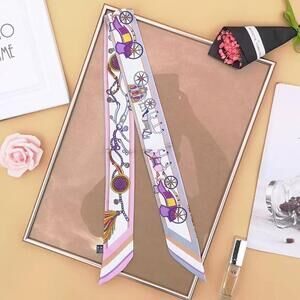 Luxury Style Carriage & Horse Print Silky Skinny Purse Scarf Purple